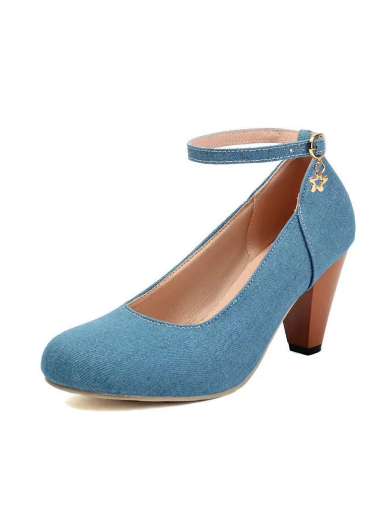 Denim Buckle Mary Janes Chunky Heels
