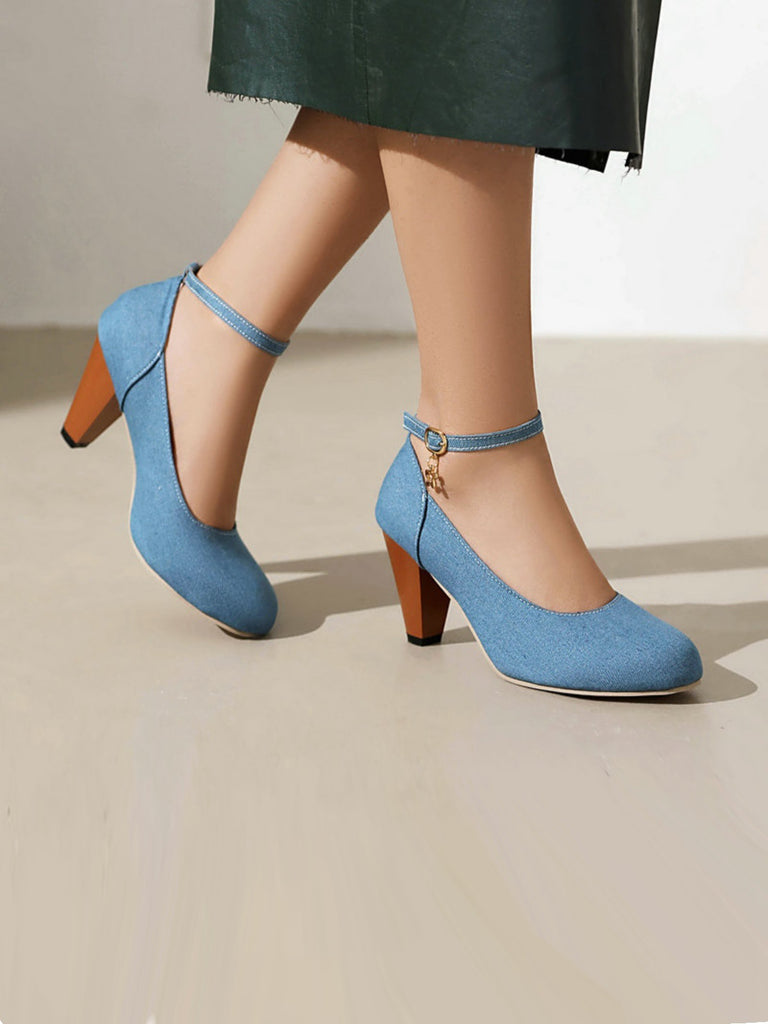 Denim Buckle Mary Janes Chunky Heels