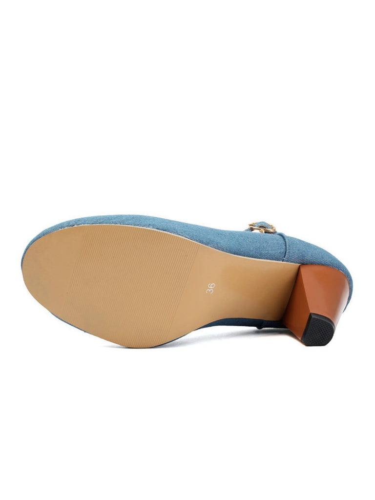 Denim Buckle Mary Janes Chunky Heels