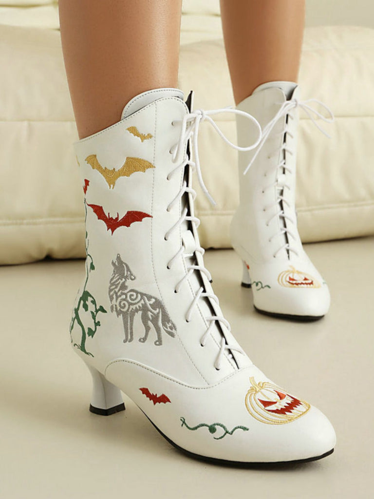 Halloween Bat Pumpkin Lace-Up Mid-Calf Boots