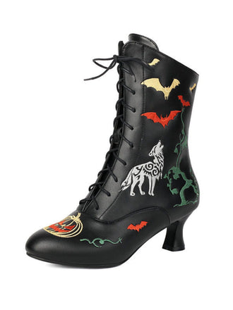 Halloween Bat Pumpkin Lace-Up Mid-Calf Boots