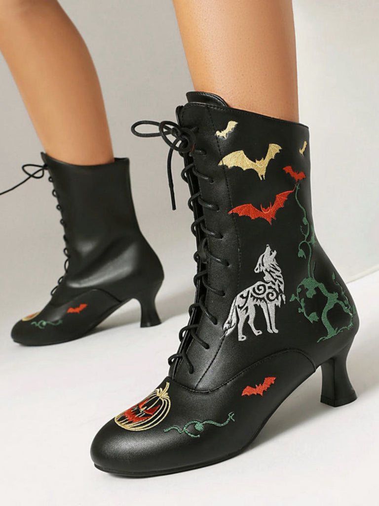 Halloween Bat Pumpkin Lace-Up Mid-Calf Boots