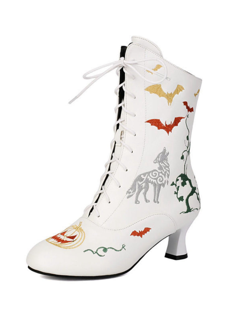 Halloween Bat Pumpkin Lace-Up Mid-Calf Boots