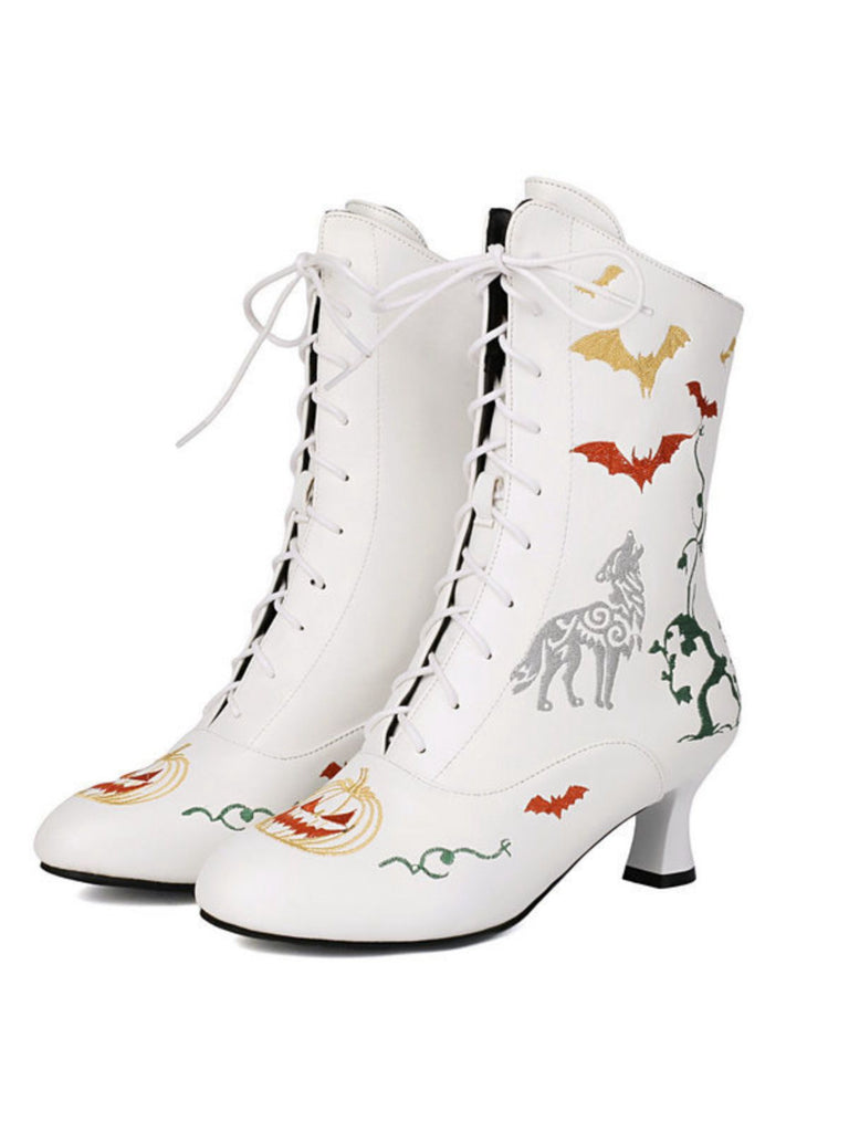 Halloween Bat Pumpkin Lace-Up Mid-Calf Boots