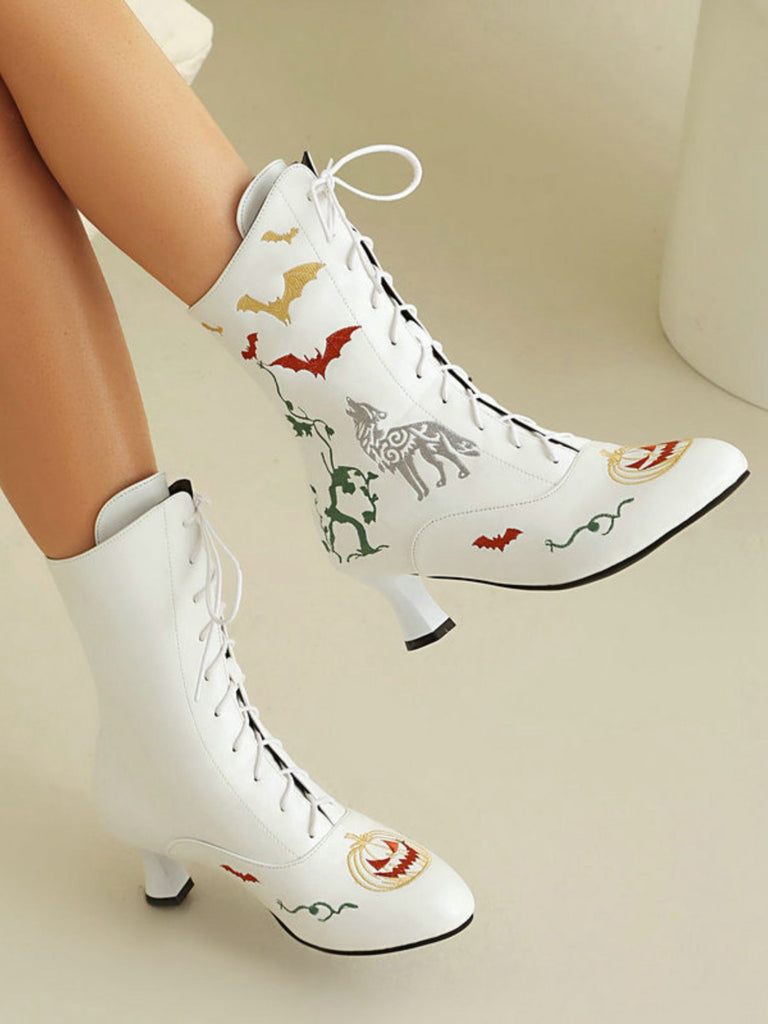 Halloween Bat Pumpkin Lace-Up Mid-Calf Boots