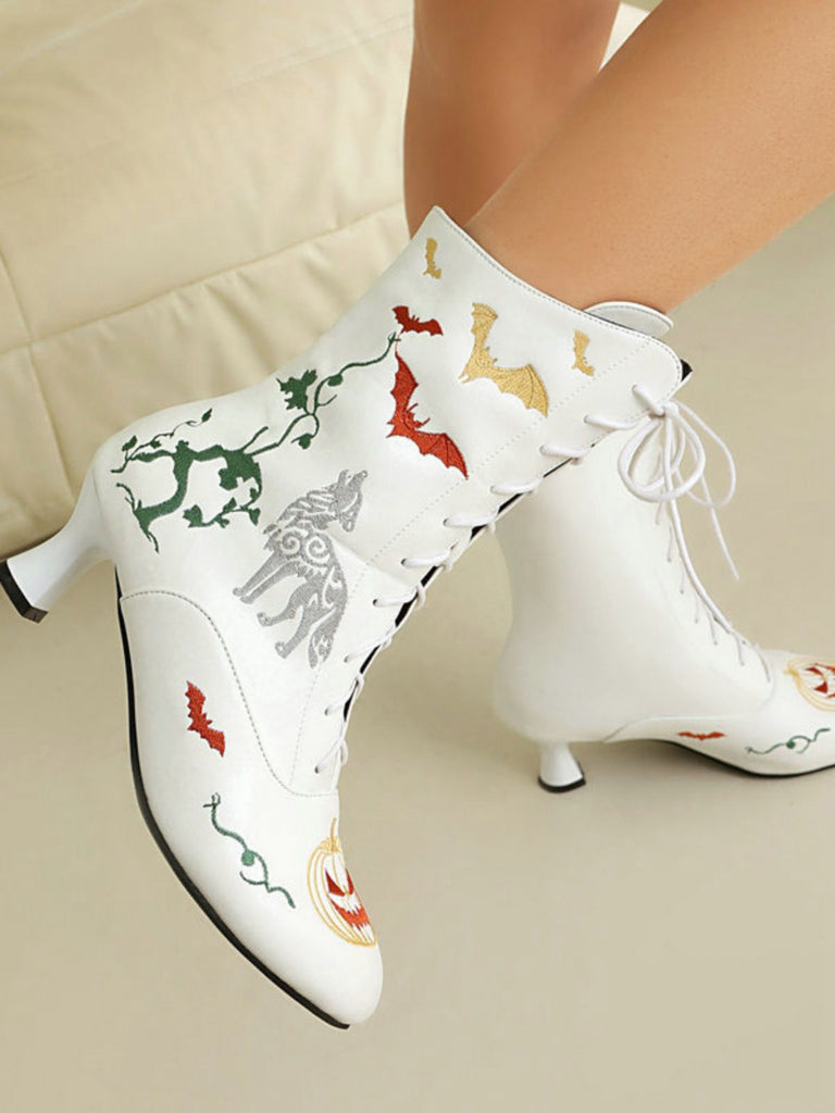 Halloween Bat Pumpkin Lace-Up Mid-Calf Boots