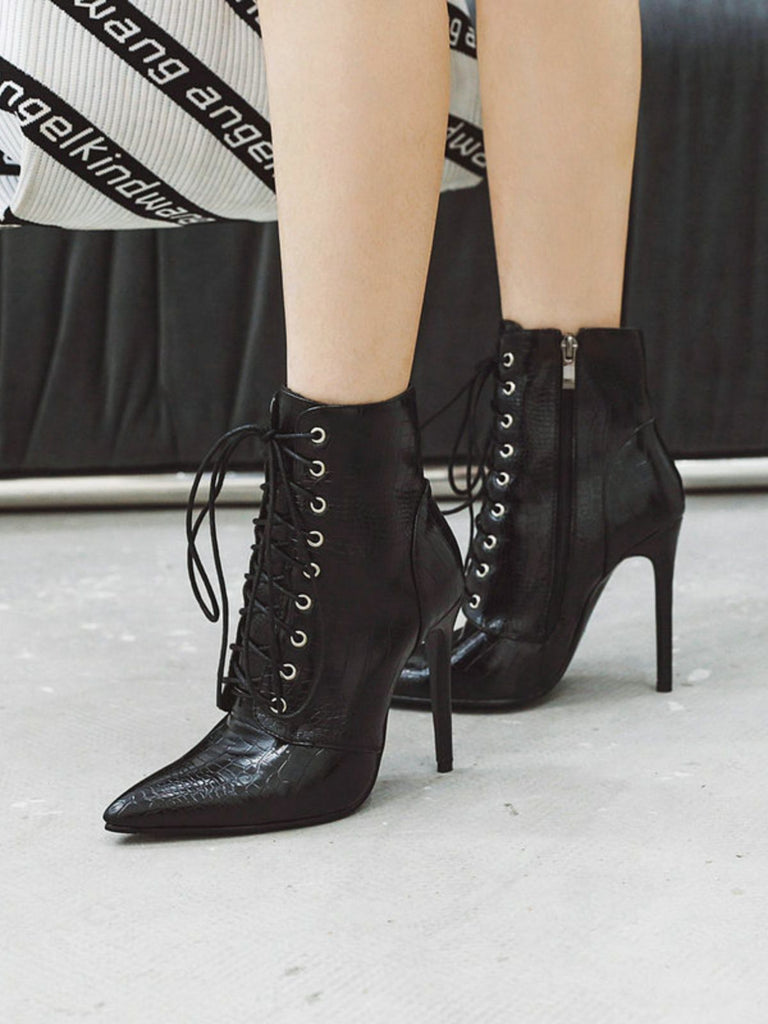Faux Crocodile Leather Lace-Up Mid-Calf Boots