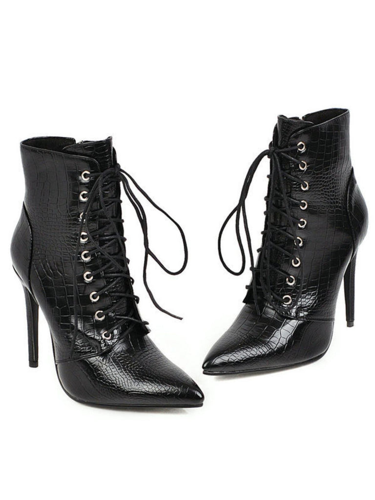 Faux Crocodile Leather Lace-Up Mid-Calf Boots