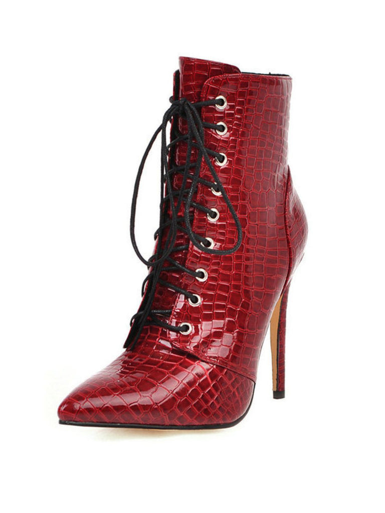 Faux Crocodile Leather Lace-Up Mid-Calf Boots