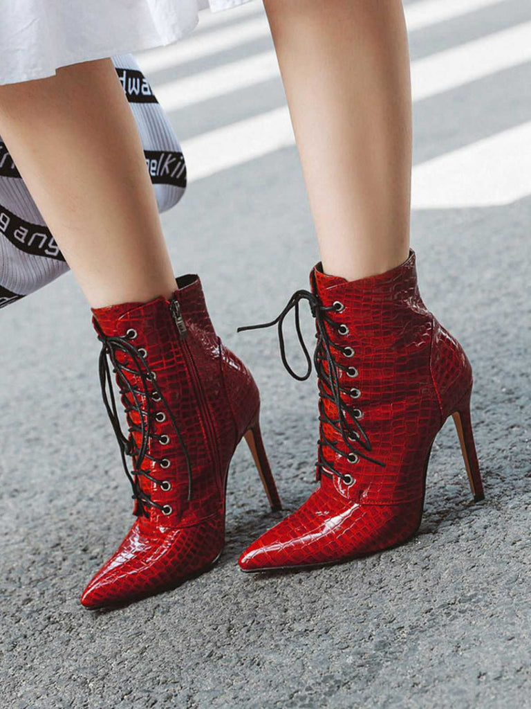 Faux Crocodile Leather Lace-Up Mid-Calf Boots