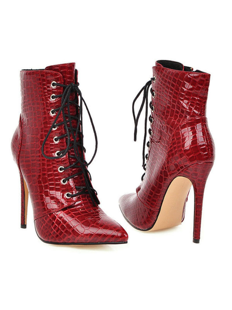 Faux Crocodile Leather Lace-Up Mid-Calf Boots