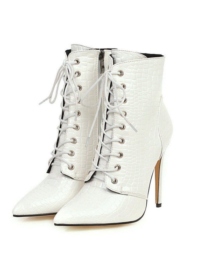 Faux Crocodile Leather Lace-Up Mid-Calf Boots