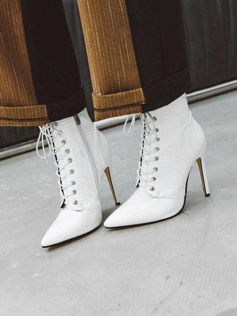 Faux Crocodile Leather Lace-Up Mid-Calf Boots