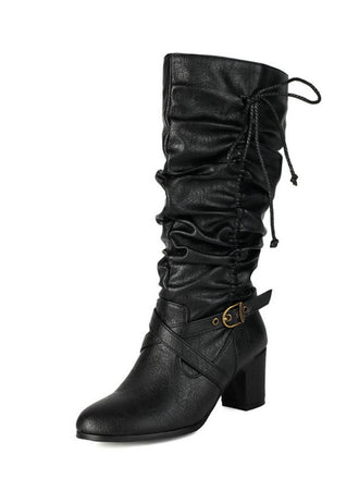 Vintage Solid Buckle Ruched Chunky Heels Boots