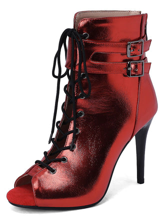 Metallic Open Toe Stiletto Drawstring Mid-Calf Boots