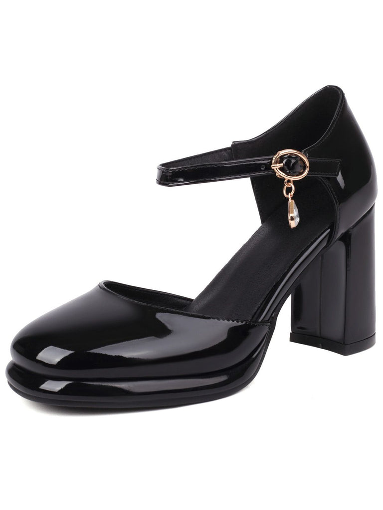 Vintage Patent leather Ankle-Strap Block Heel Pumps