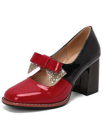 Mary Jane Colorblock Glitter Bowknot Chunky Heels