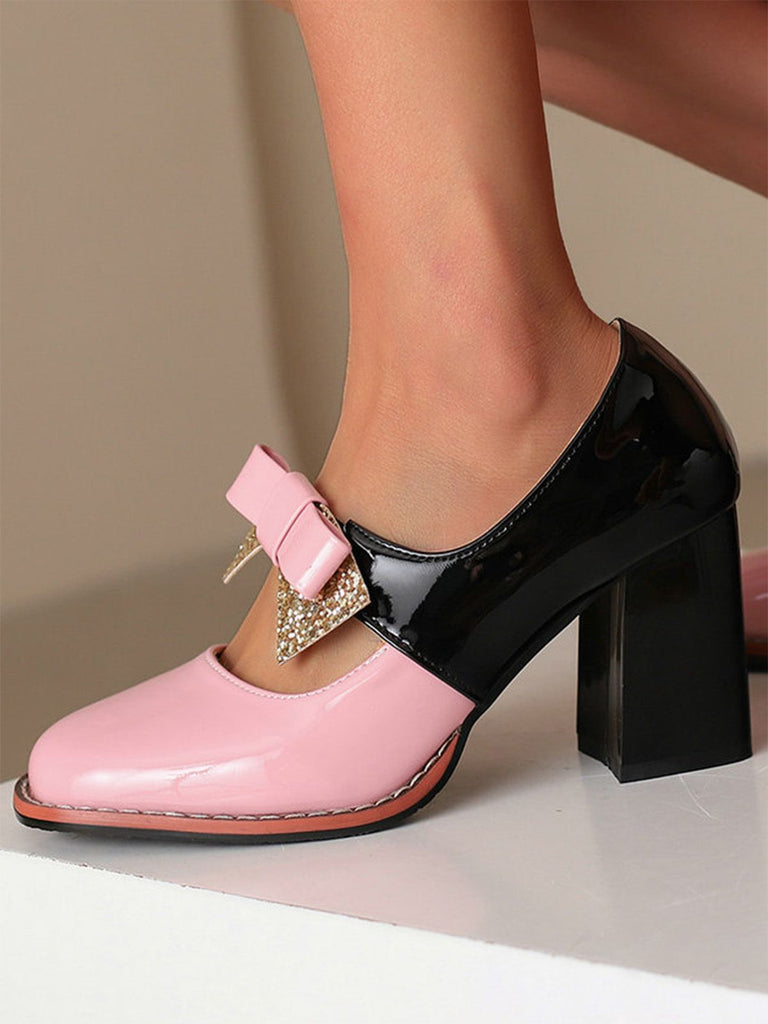 Mary Jane Colorblock Glitter Bowknot Chunky Heels