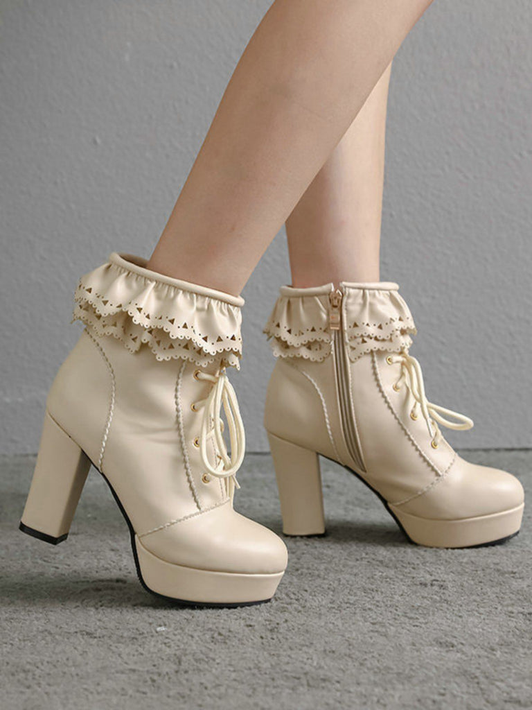 Vintage Ruffled Lace-Up Chunky High Heel Boots