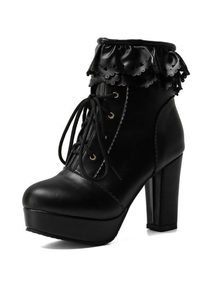 Vintage Ruffled Lace-Up Chunky High Heel Boots