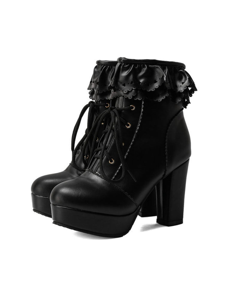 Vintage Ruffled Lace-Up Chunky High Heel Boots