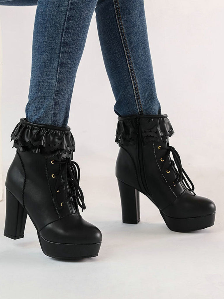 Vintage Ruffled Lace-Up Chunky High Heel Boots