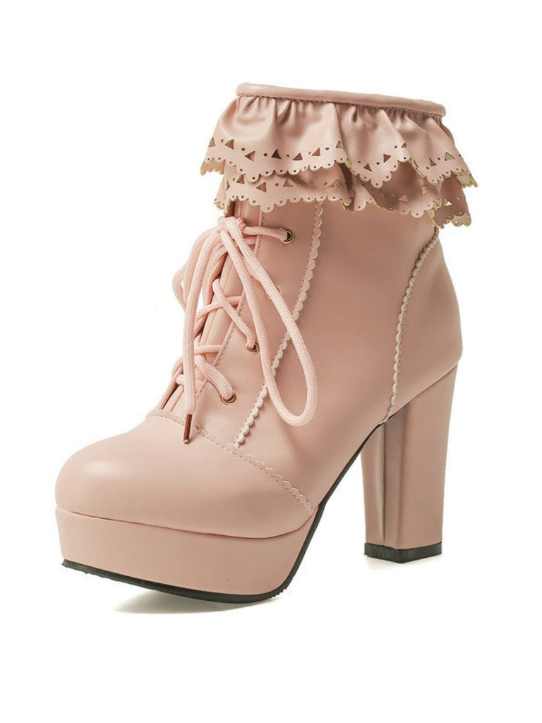 Vintage Ruffled Lace-Up Chunky High Heel Boots