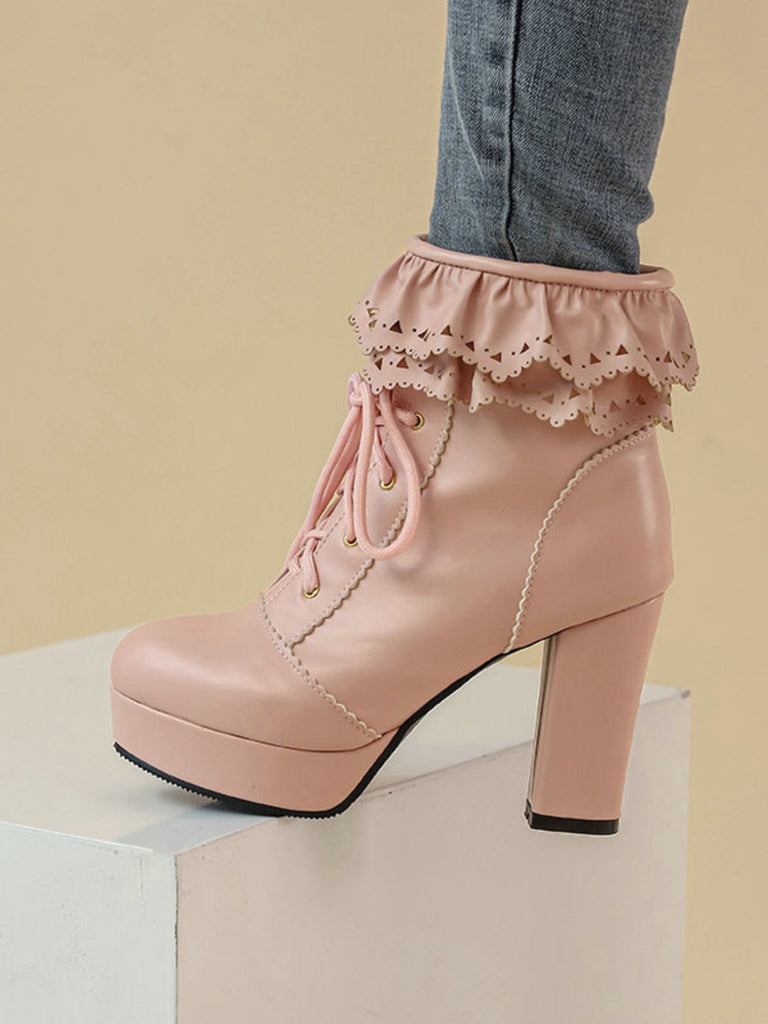 Vintage Ruffled Lace-Up Chunky High Heel Boots