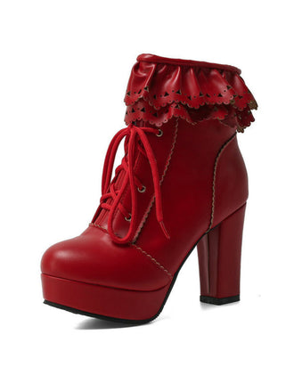 Vintage Ruffled Lace-Up Chunky High Heel Boots