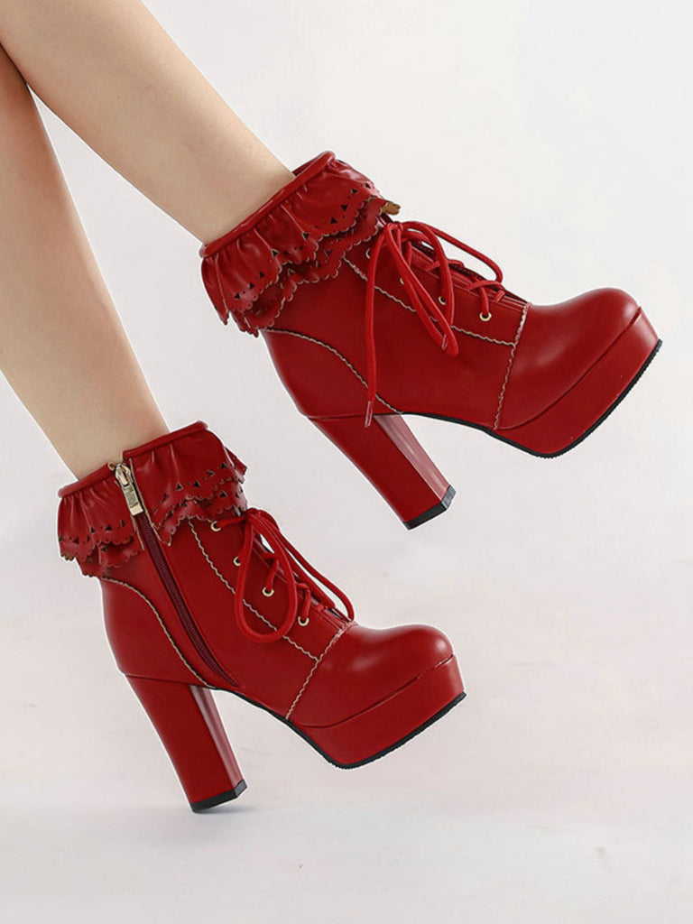 Vintage Ruffled Lace-Up Chunky High Heel Boots