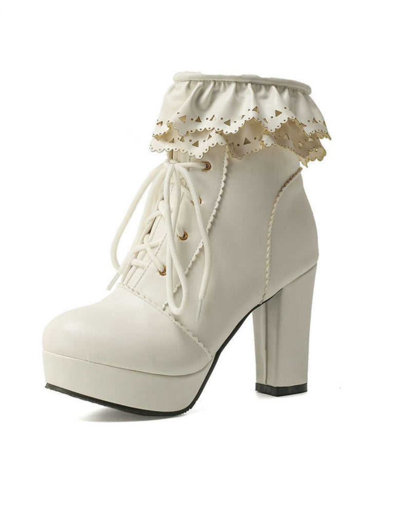 Vintage Ruffled Lace-Up Chunky High Heel Boots