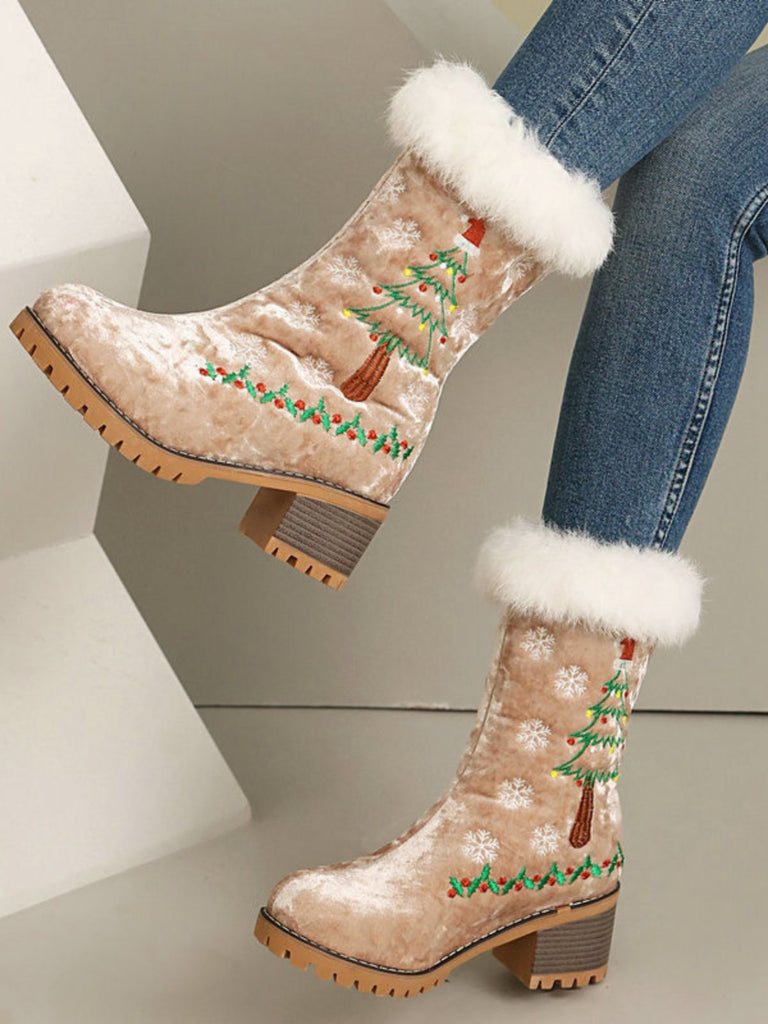 Vintage Christmas Tree Snowflake Plush Chunky Heel Boots