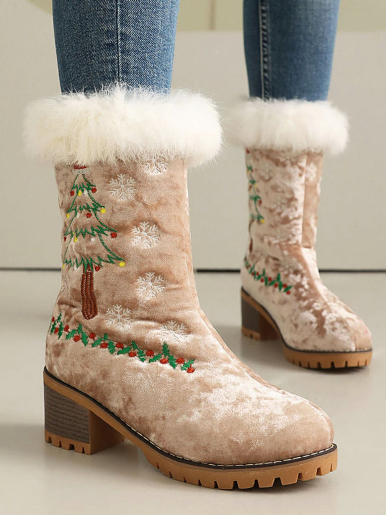 Vintage Christmas Tree Snowflake Plush Chunky Heel Boots