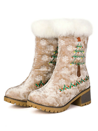 Vintage Christmas Tree Snowflake Plush Chunky Heel Boots