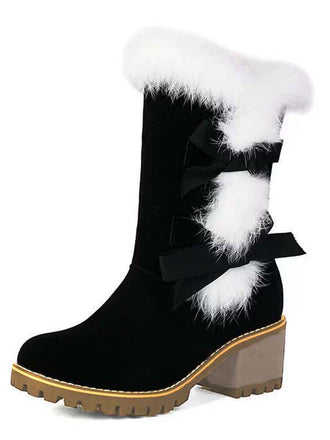 Vintage Plush Trim Bowknot Chunky Heel Boots