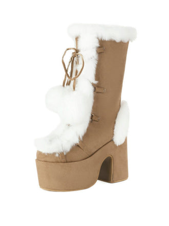 Vintage Faux Fur Round Toe High Heel Boots