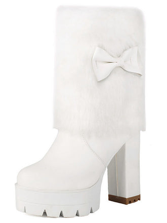 Vintage Bowknot Plush Chunky Heel Boots