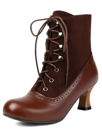 Vintage Colorblock Lace-Up Victorian Short Boots