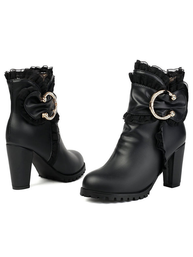 PU Leather Lace-Trimmed Chunky Heel Ankle Boots