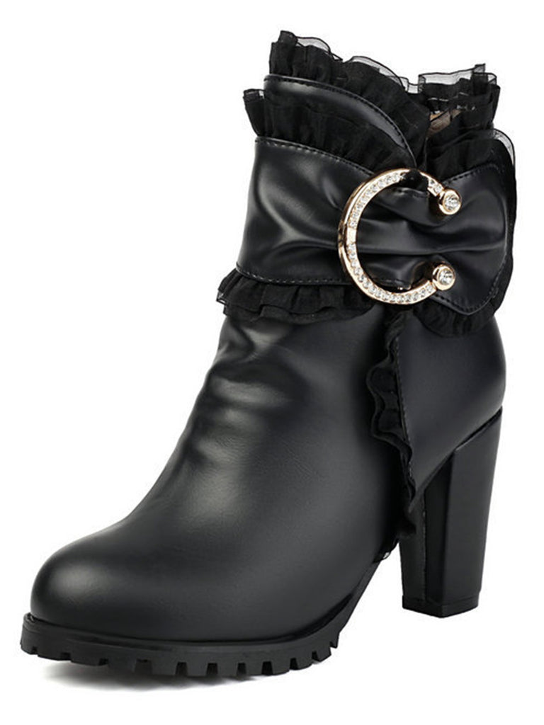 PU Leather Lace-Trimmed Chunky Heel Ankle Boots