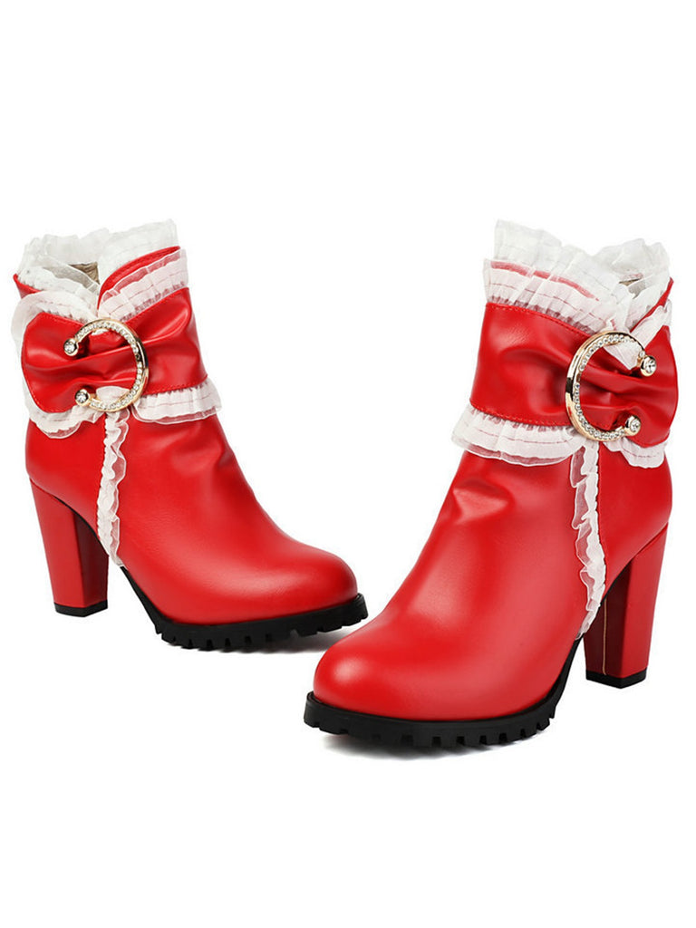 PU Leather Lace-Trimmed Chunky Heel Ankle Boots