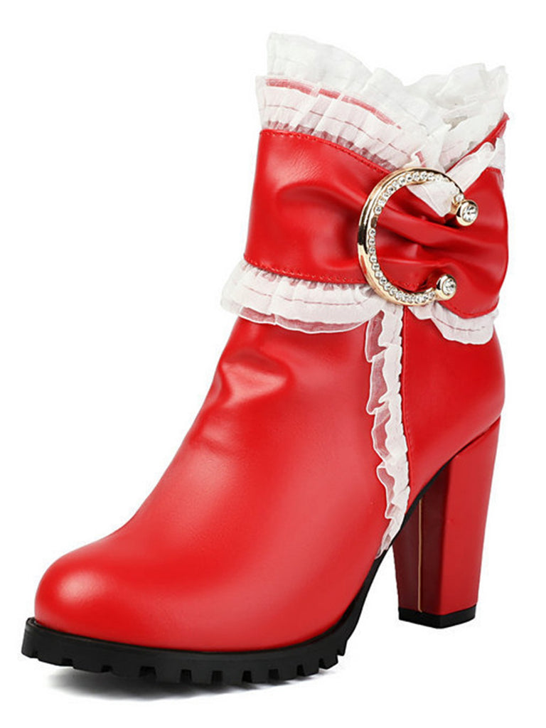 PU Leather Lace-Trimmed Chunky Heel Ankle Boots