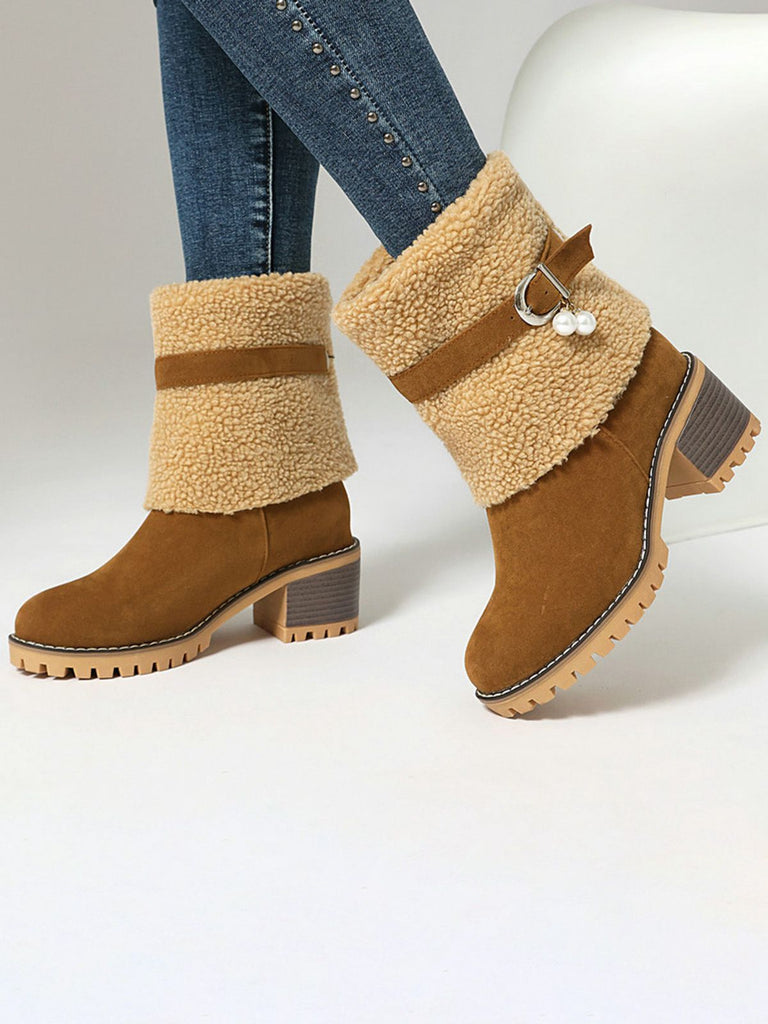 Vintage Pearl Velvet Polar Fleece Mid-Calf Boots