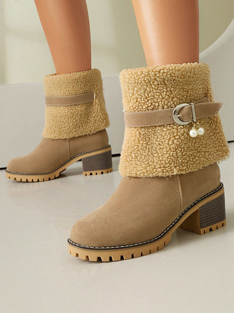 Vintage Pearl Velvet Polar Fleece Mid-Calf Boots