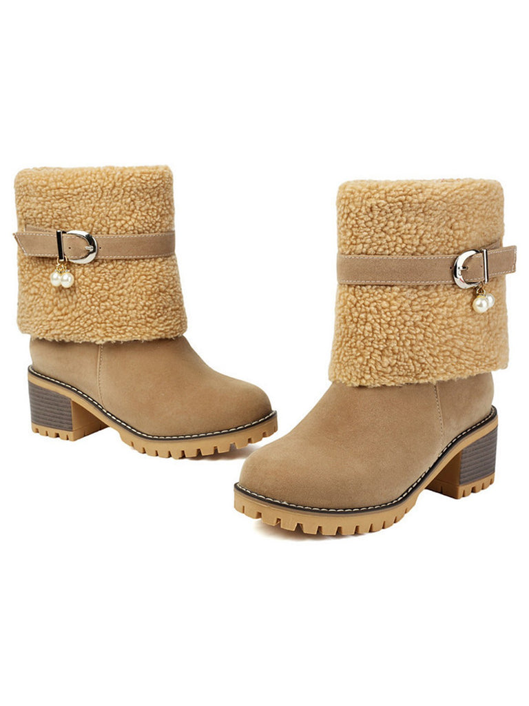 Vintage Pearl Velvet Polar Fleece Mid-Calf Boots