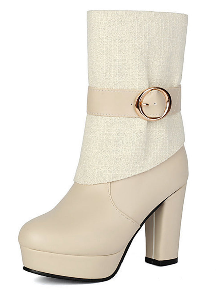 Solid PU Leather Ribbed Knit Patchwork High Heels