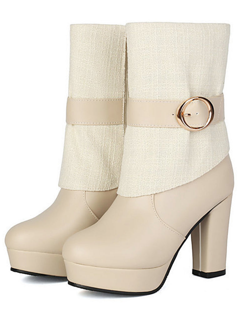 Solid PU Leather Ribbed Knit Patchwork High Heels