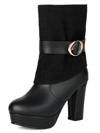 Solid PU Leather Ribbed Knit Patchwork High Heels