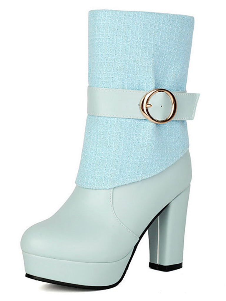 Solid PU Leather Ribbed Knit Patchwork High Heels