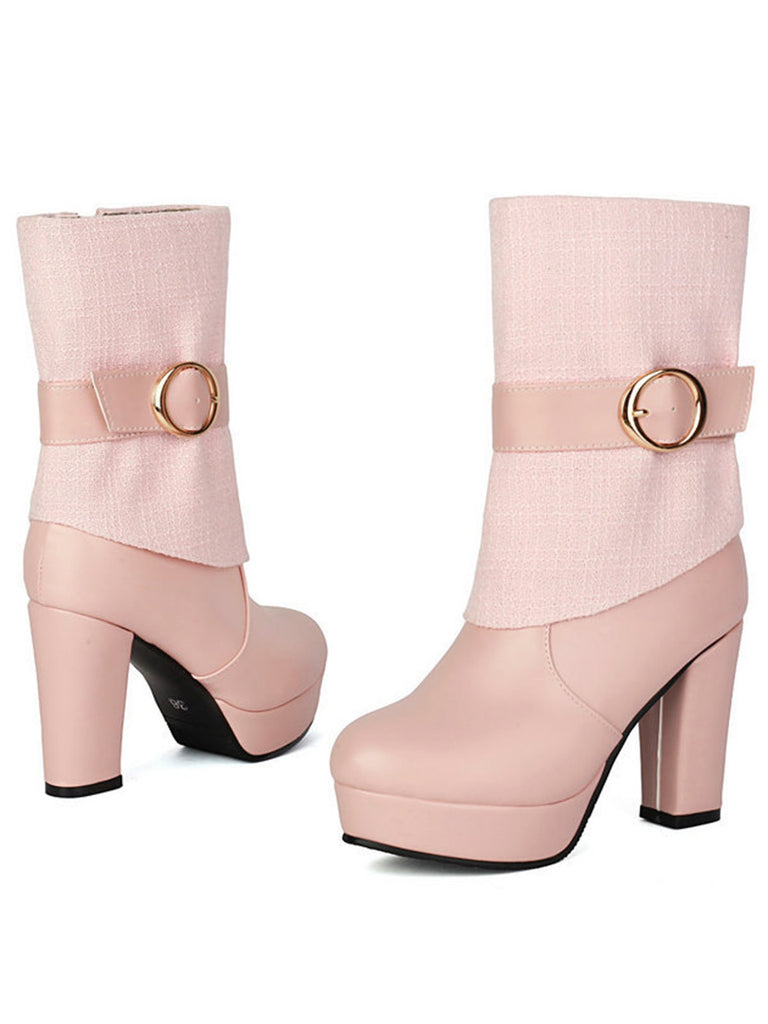 Solid PU Leather Ribbed Knit Patchwork High Heels